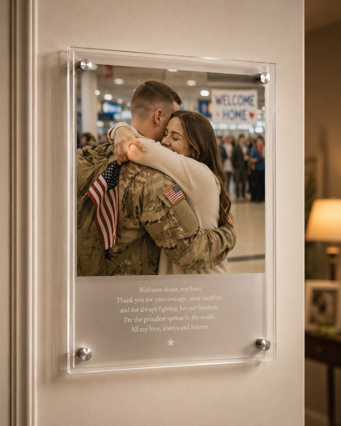 Sample piece from our studio: a homecoming frame with a military homecoming embrace at the arrivals gate and a welcome-home toast printed beneath, mounted on a wall