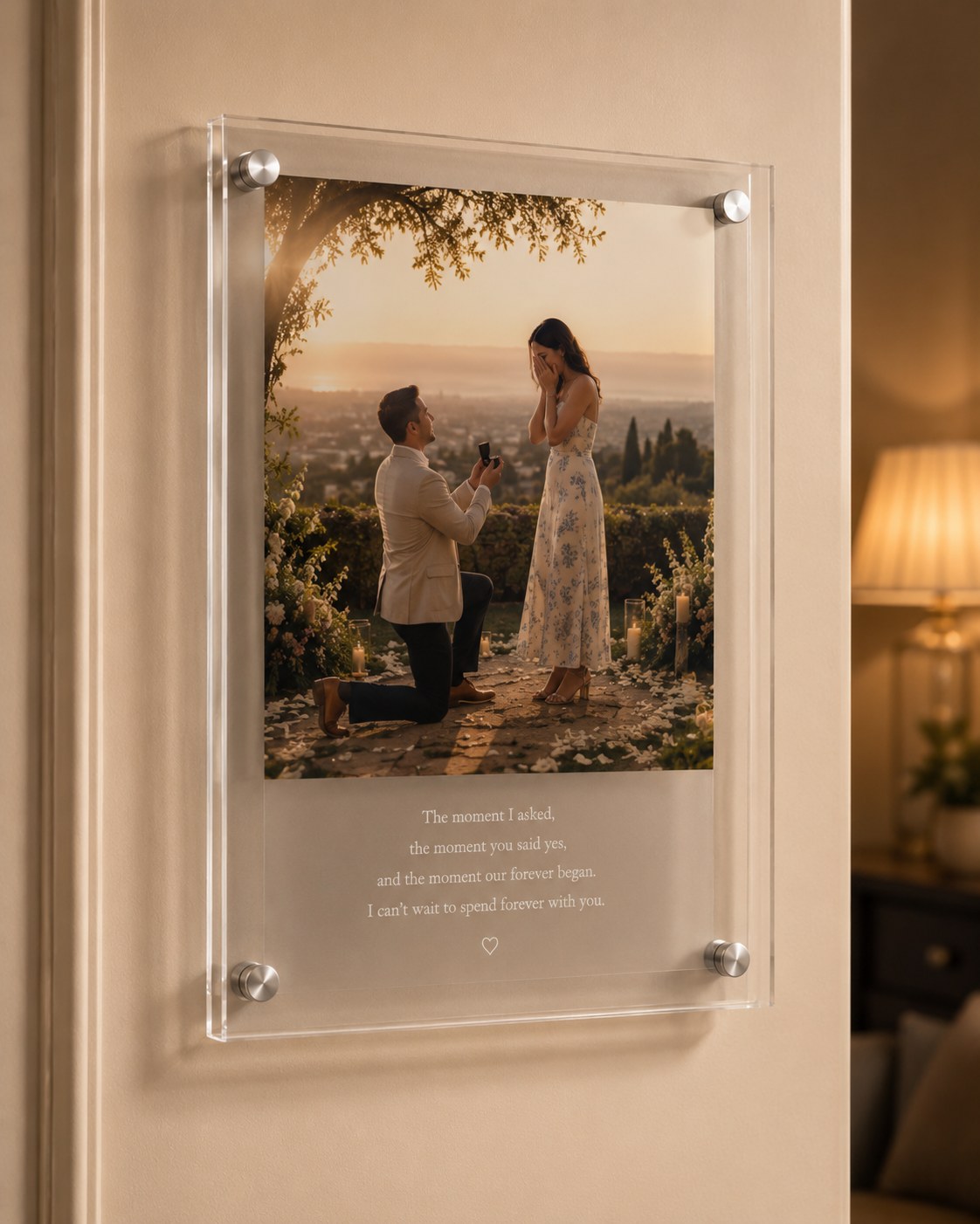 Sample piece from our studio: a proposal frame with a sunset hillside proposal and the story printed beneath, mounted on a wall