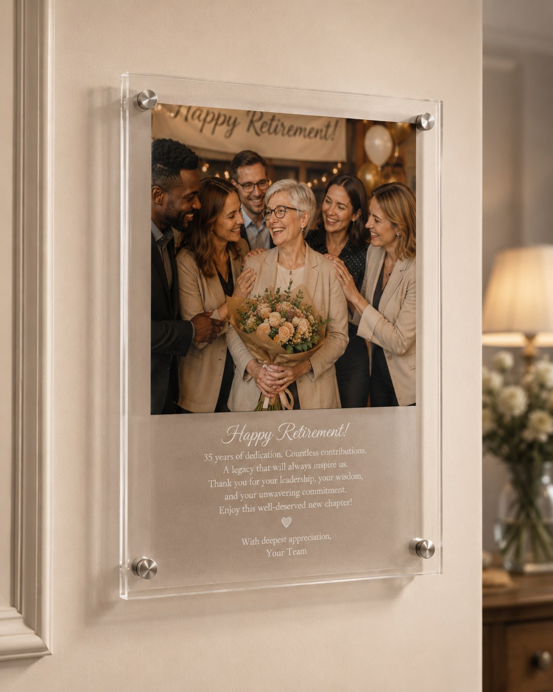 Sample piece from our studio: a retirement frame with a retiree surrounded by colleagues and a thank-you toast printed beneath, mounted on a wall